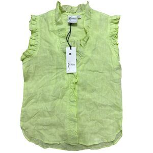 NWT NEW FINLEY Crosby V-Neck Ruffle Trim 100% Linen Top in Key Lime Size: XXS